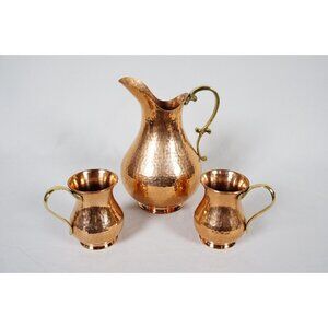Turkish Hammered Copper Water Pitcher & Two Drinking Cups - Recently Polished